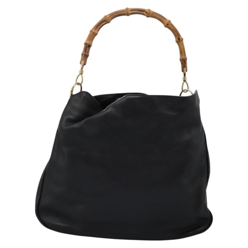GUCCI Bamboo Hand Bag Leather 2way Black Gold 001 1014 1577 0 Auth nb190 - Picture 2 of 16